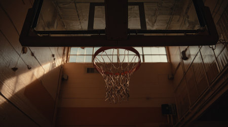 The image showcases a basketball hoop positioned under natural sunlight within an empty gymnasium. Shadows and warm tones create an inviting atmosphere, highlighting the essence of the sport.の素材