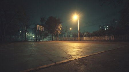 An empty basketball court illuminated by streetlight, surrounded by trees and a quiet urban backdrop at night. The scene conveys tranquility and solitude.の素材