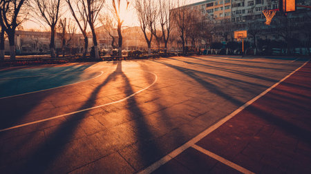 A serene basketball court captures the tranquil beauty of sunset, with long shadows stretching across the smooth surface, inviting moments of play and relaxation.の素材