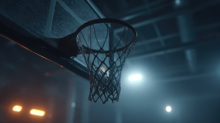 A stunning shot of a basketball hoop in a dim gym, illuminated by soft overhead lighting, evoking a sense of anticipation and intensity for the upcoming game.の素材