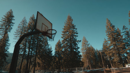 A stunning outdoor basketball hoop nestled among tall trees under a clear blue sky, inviting players to enjoy sports while immersing in nature's tranquility.の素材