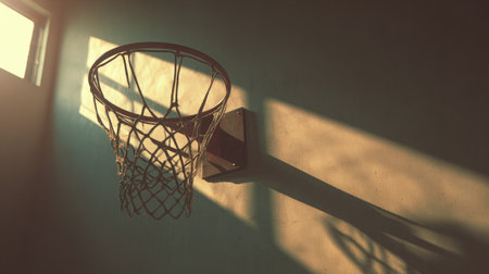 A vintage basketball hoop casts long shadows in a dimly lit indoor space, with soft natural light illuminating the scene. Ideal for sports and ambiance themes.の素材