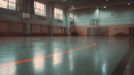 A serene indoor basketball court showcasing a polished floor and natural light. Ideal for sports, fitness training, and recreational use, the gym offers a vibrant environment.の素材