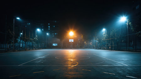 An empty basketball court at night, with glowing lights casting dramatic shadows, creating a serene yet energetic atmosphere for night activities.の素材