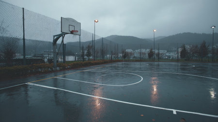 A desolate basketball court drenched in rain, offering a serene atmosphere with distant mountains and a dramatic sky, ideal for sports-themed visuals.の素材