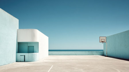 An empty minimalist basketball court bordered by simple architecture and an ocean backdrop, offering a tranquil space for sports, leisure, and creative concepts.の素材