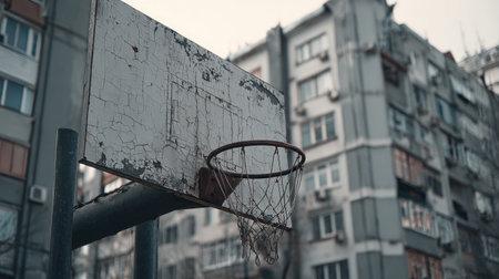 A weathered basketball hoop stands abandoned against a backdrop of a dilapidated urban building, evoking feelings of nostalgia for lost youth and forgotten games.の素材