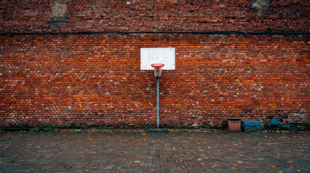 A solitary basketball hoop mounted on a weathered brick wall, surrounded by scattered autumn leaves, epitomizing urban sports culture and inviting activity.の素材