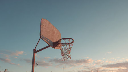 A serene basketball hoop silhouetted against a vibrant sunset, creating a perfect backdrop for themes of sport, leisure, and urban living amidst nature's beauty.の素材