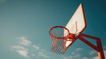 A vibrant basketball hoop stands against a brilliant blue sky dotted with fluffy clouds, inviting athletes and enthusiasts to embrace outdoor sport and fitness activities.の素材
