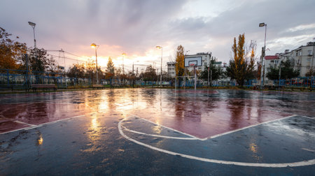 A serene basketball court glistens under the soft glow of sunset after a refreshing rain, showcasing the beauty of an urban park in evening light.の素材