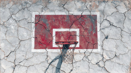 An aerial perspective captures a cracked basketball court with a weathered hoop, evoking themes of neglect and the fading spirit of urban recreation.の素材