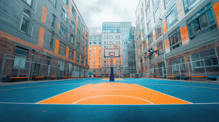 A spacious urban basketball court with vibrant blue and orange colors, nestled between modern residential buildings, inviting community engagement and outdoor sports.の素材