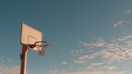 A basketball hoop stands tall against a blue sky dotted with fluffy clouds, capturing the spirit of outdoor sports and community engagement in urban settings.の素材