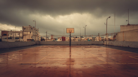 An empty basketball court lies under a dramatic overcast sky, with rain creating reflective surfaces. The scene captures a serene yet moody urban landscape, ideal for various themes.の素材