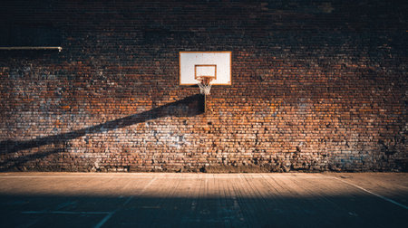 A serene urban basketball court setting showcasing a rustic brick wall and a single basketball hoop casting a long shadow, embodying the spirit of sport and recreation.の素材