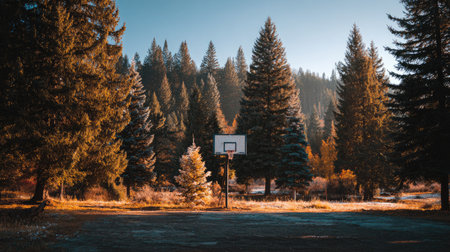 A tranquil basketball court nestled in a beautiful forest, with tall evergreen trees creating a stunning backdrop, illuminated by soft morning sunlight.の素材