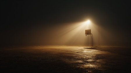 A solitary basketball court illuminated by a streetlight, shrouded in fog, creates a mystical ambiance perfect for capturing the essence of nighttime sports and artistry.の素材