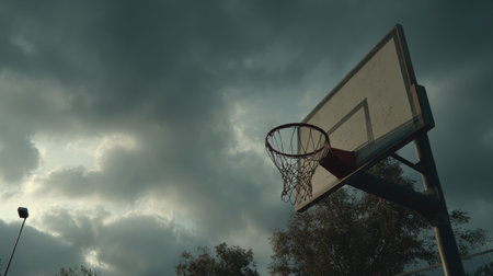 Captivating image of a basketball hoop framed against a moody sky filled with clouds, evoking a sense of tranquility and urban playfulness in an outdoor setting.の素材