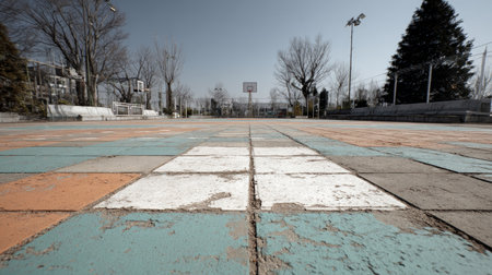 A vibrant basketball court with a weathered surface captures a serene outdoor environment. Sunlight illuminates the facility, offering a perfect space for recreation.の素材
