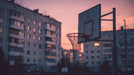 A solitary basketball hoop silhouetted against a vivid sunset with residential buildings in the background, capturing the essence of urban sports and evening relaxation.の素材