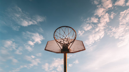 A solitary basketball hoop stands tall against a vibrant blue sky filled with fluffy clouds, capturing the essence of outdoor sports and competitive spirit.の素材