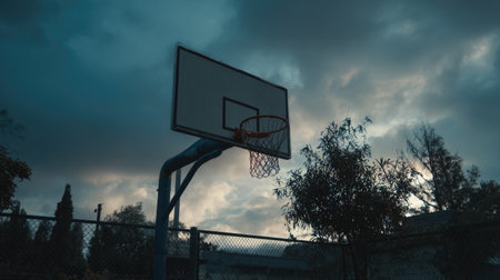 An abandoned basketball court stands alone under a dramatic sky filled with dark clouds. Trees frame the scene, emphasizing feelings of nostalgia and solitude.の素材