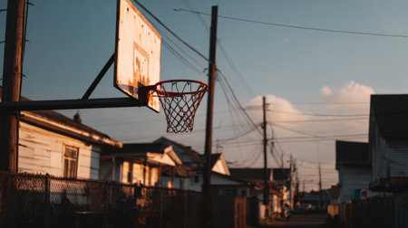 An empty basketball hoop at sunset captures the serene beauty of a tranquil urban neighborhood, highlighting the charm of community life and outdoor recreation.の素材