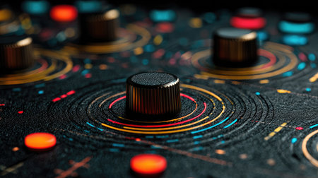 This close-up image showcases colorful control knobs on a modern audio mixing console, emphasizing intricate textures and vibrant lights for a dynamic sound experience.の素材