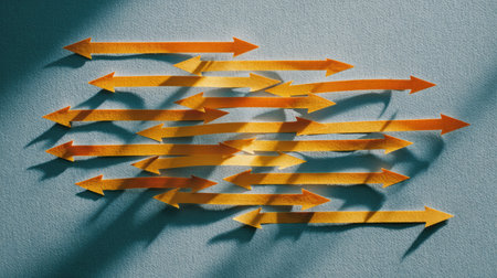 This image features dynamic yellow arrows on a blue wall, creating a striking visual representation of direction and movement, ideal for themes of strategy and decision-making.の素材