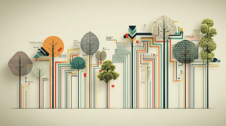 This vibrant abstract illustration showcases colorful trees with geometric patterns and digital elements, perfect for concepts related to nature and modern design.の素材