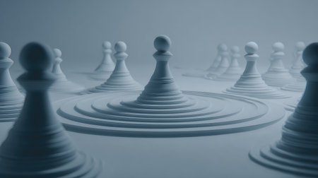 This abstract 3D illustration features white chess pawns surrounded by circular ripples, symbolizing strategic thinking, leadership qualities, and focused planning.の素材