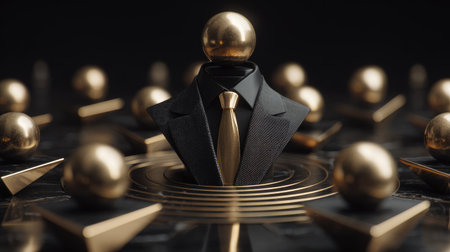 This captivating image features a stylish black suit adorned with a golden sphere, set against a backdrop of elegant metallic elements, perfect for modern design needs.の素材