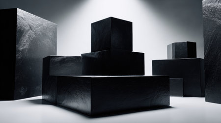 This striking image features black boxes of various sizes positioned artistically under dramatic lighting, creating a captivating and mysterious atmosphere perfect for modern design.の素材