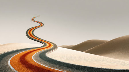An abstract interpretation of a winding road through golden sand dunes showcases vibrant colors that evoke emotion and inspire a sense of adventure and freedom.の素材