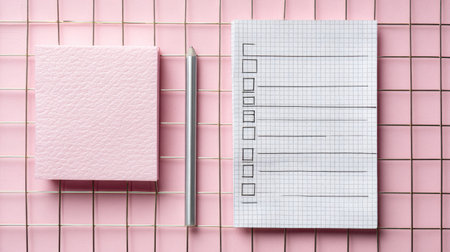 A visually appealing desk setup featuring a pink notepad, a checklist pad, and a sleek silver pen. This arrangement promotes organization and enhances productivity.の素材