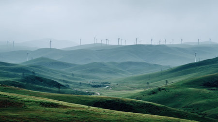A peaceful view of rolling green hills under a cloudy sky, accented by distant wind turbines. This serene landscape emphasizes natureの素材