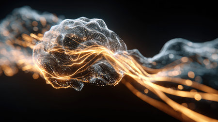 This captivating abstract design illustrates the essence of brain activity through flowing light waves, glowing particles, and smooth, dynamic forms, embodying a futuristic aesthetic.の素材