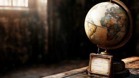 Captivating vintage globe rests on a rustic table, illuminated by soft light. Ideal for themes of travel and exploration, this image brings a sense of adventure and discovery.の素材