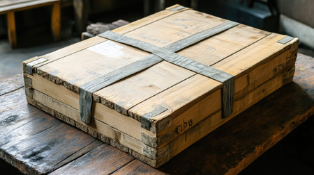A rustic wooden crate sits atop a weathered table, reflecting its craftsmanship and natural textures. Ideal for concepts around storage, delivery, and handmade items.の素材