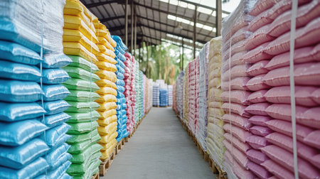 Brightly colored padded bags arranged neatly within a spacious warehouse aisle, providing an organized view of vibrant filler materials for industrial and manufacturing needs.の素材
