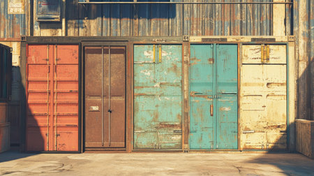 A row of vintage industrial containers against an urban backdrop, showcasing a variety of textures and colors that highlight their weathered character in sunlight.の素材