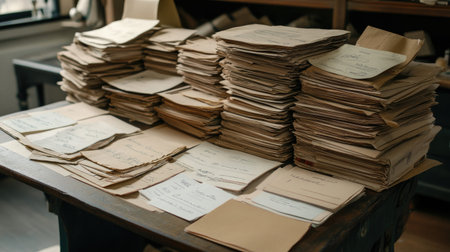 A collection of unorganized paper files stacked on a wooden table in a vintage office setting, highlighting the essence of documentation and archival processes.の素材