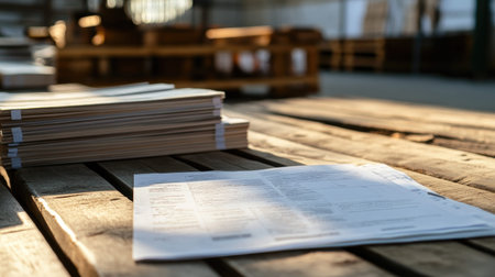 A collection of neatly stacked documents rests on a rustic wooden table, illuminated by warm sunlight, creating an organized and inviting workspace atmosphere.の素材