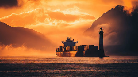 This stunning image captures a cargo ship silhouetted by a colorful sunset, highlighting its shape against the dramatic clouds and calm waters, evoking a sense of adventure.の素材