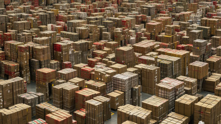 An expansive aerial view reveals a vast warehouse filled with neatly organized stacks of cardboard boxes and freight packages, showcasing logistics efficiency.の素材