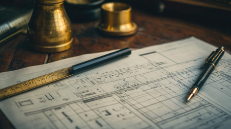 A collection of vintage drafting materials including a wooden ruler, elegant pen, and detailed architectural plans on a rustic desk, offering a glimpse into creative processes.の素材
