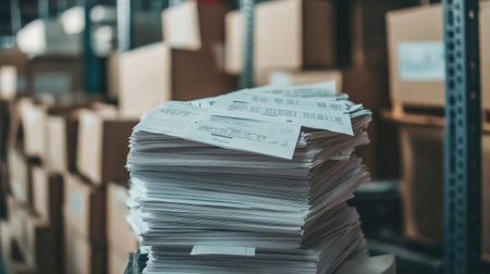 A chaotic stack of documents sits in a busy warehouse, surrounded by cardboard boxes, representing challenges in organization and management of logistics activities.の素材