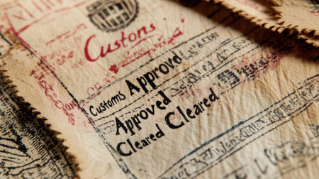 This vintage customs declaration document captures historical travel essence through intricate stamps and handwritten notes, reflecting trade routes and clearance procedures.の素材
