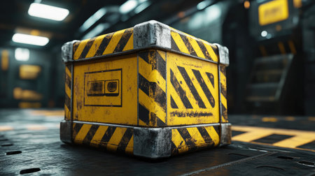A detailed view of an industrial crate featuring prominent yellow and black hazard stripes set against a modern, metallic environment with ambient lighting effects.の素材